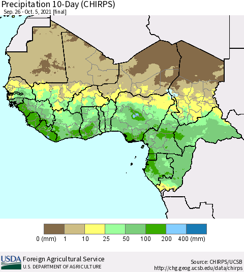 Western Africa Precipitation 10-Day (CHIRPS) Thematic Map For 9/26/2021 - 10/5/2021