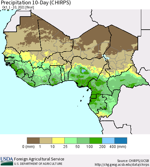 Western Africa Precipitation 10-Day (CHIRPS) Thematic Map For 10/1/2021 - 10/10/2021