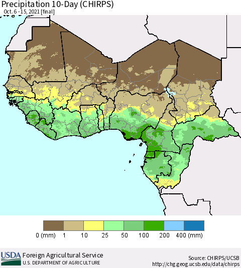 Western Africa Precipitation 10-Day (CHIRPS) Thematic Map For 10/6/2021 - 10/15/2021
