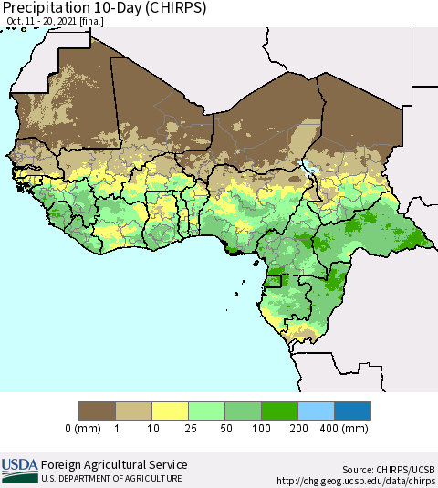 Western Africa Precipitation 10-Day (CHIRPS) Thematic Map For 10/11/2021 - 10/20/2021