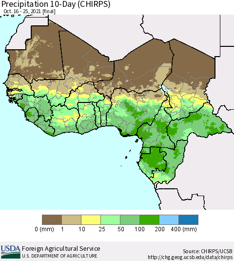 Western Africa Precipitation 10-Day (CHIRPS) Thematic Map For 10/16/2021 - 10/25/2021
