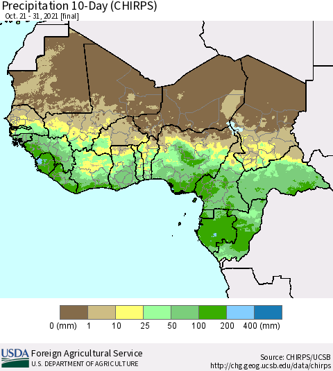 Western Africa Precipitation 10-Day (CHIRPS) Thematic Map For 10/21/2021 - 10/31/2021