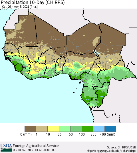 Western Africa Precipitation 10-Day (CHIRPS) Thematic Map For 10/26/2021 - 11/5/2021