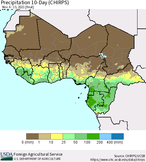 Western Africa Precipitation 10-Day (CHIRPS) Thematic Map For 11/6/2021 - 11/15/2021