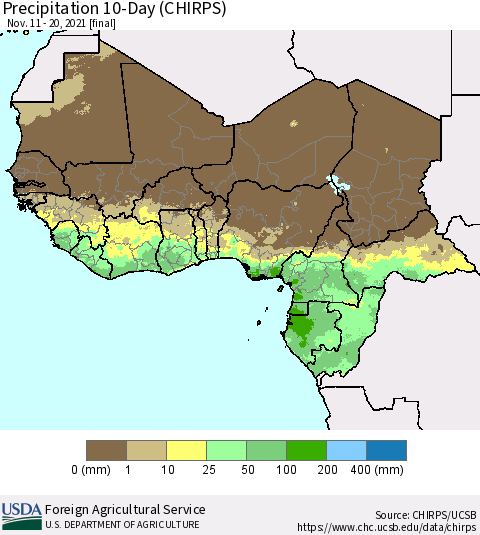 Western Africa Precipitation 10-Day (CHIRPS) Thematic Map For 11/11/2021 - 11/20/2021