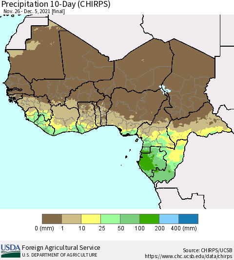 Western Africa Precipitation 10-Day (CHIRPS) Thematic Map For 11/26/2021 - 12/5/2021