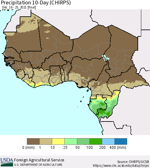 Western Africa Precipitation 10-Day (CHIRPS) Thematic Map For 12/16/2021 - 12/25/2021