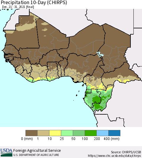 Western Africa Precipitation 10-Day (CHIRPS) Thematic Map For 12/21/2021 - 12/31/2021