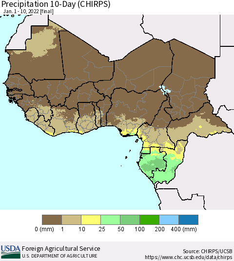 Western Africa Precipitation 10-Day (CHIRPS) Thematic Map For 1/1/2022 - 1/10/2022