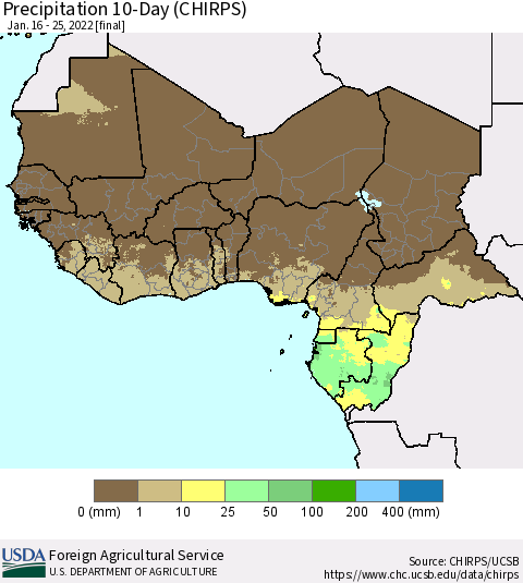 Western Africa Precipitation 10-Day (CHIRPS) Thematic Map For 1/16/2022 - 1/25/2022