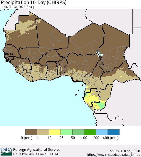 Western Africa Precipitation 10-Day (CHIRPS) Thematic Map For 1/21/2022 - 1/31/2022