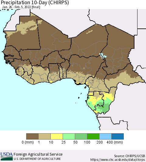 Western Africa Precipitation 10-Day (CHIRPS) Thematic Map For 1/26/2022 - 2/5/2022