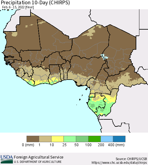Western Africa Precipitation 10-Day (CHIRPS) Thematic Map For 2/6/2022 - 2/15/2022
