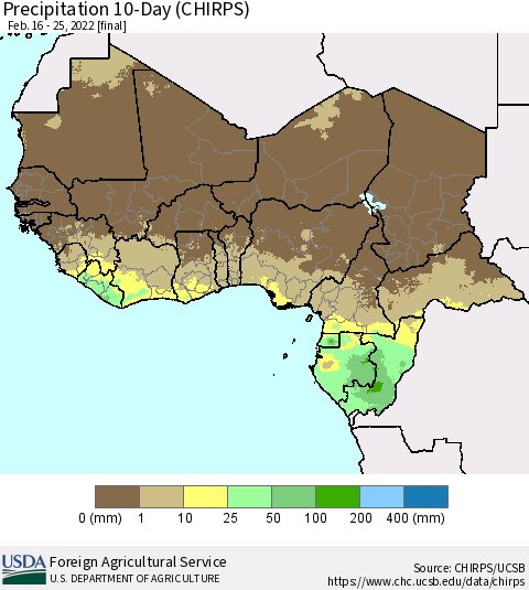 Western Africa Precipitation 10-Day (CHIRPS) Thematic Map For 2/16/2022 - 2/25/2022