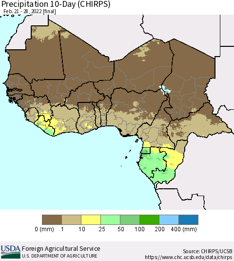 Western Africa Precipitation 10-Day (CHIRPS) Thematic Map For 2/21/2022 - 2/28/2022
