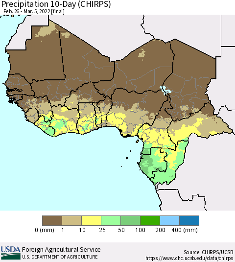 Western Africa Precipitation 10-Day (CHIRPS) Thematic Map For 2/26/2022 - 3/5/2022