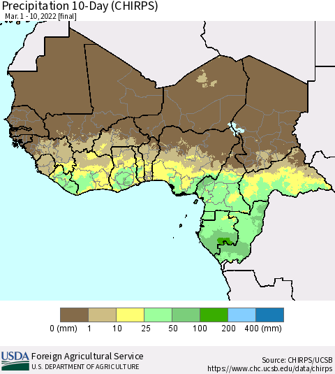 Western Africa Precipitation 10-Day (CHIRPS) Thematic Map For 3/1/2022 - 3/10/2022