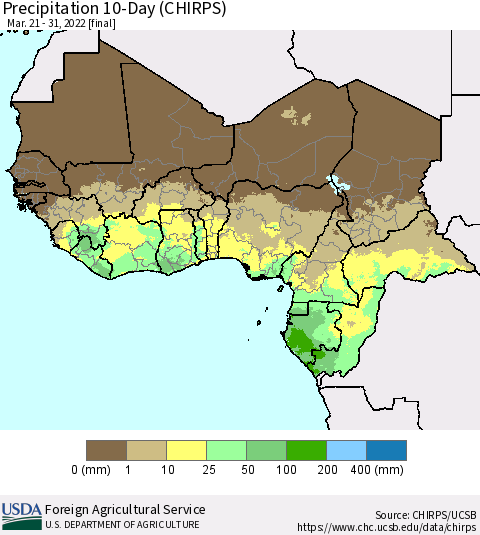 Western Africa Precipitation 10-Day (CHIRPS) Thematic Map For 3/21/2022 - 3/31/2022