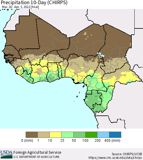 Western Africa Precipitation 10-Day (CHIRPS) Thematic Map For 3/26/2022 - 4/5/2022