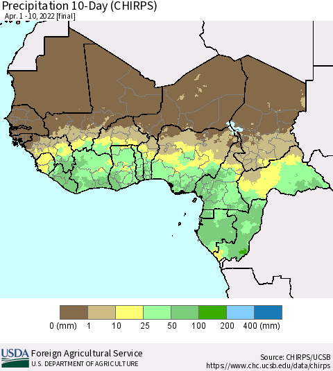Western Africa Precipitation 10-Day (CHIRPS) Thematic Map For 4/1/2022 - 4/10/2022