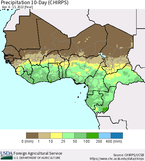 Western Africa Precipitation 10-Day (CHIRPS) Thematic Map For 4/6/2022 - 4/15/2022