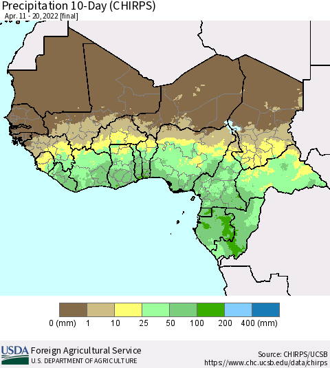 Western Africa Precipitation 10-Day (CHIRPS) Thematic Map For 4/11/2022 - 4/20/2022