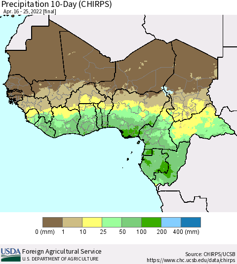 Western Africa Precipitation 10-Day (CHIRPS) Thematic Map For 4/16/2022 - 4/25/2022