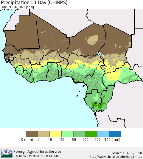 Western Africa Precipitation 10-Day (CHIRPS) Thematic Map For 4/21/2022 - 4/30/2022