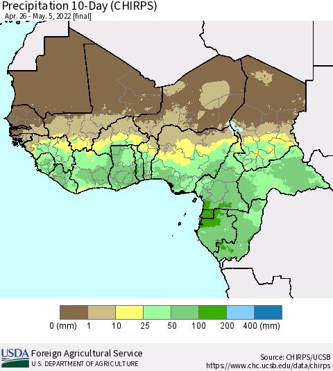 Western Africa Precipitation 10-Day (CHIRPS) Thematic Map For 4/26/2022 - 5/5/2022
