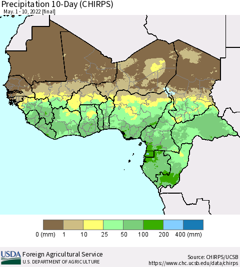Western Africa Precipitation 10-Day (CHIRPS) Thematic Map For 5/1/2022 - 5/10/2022