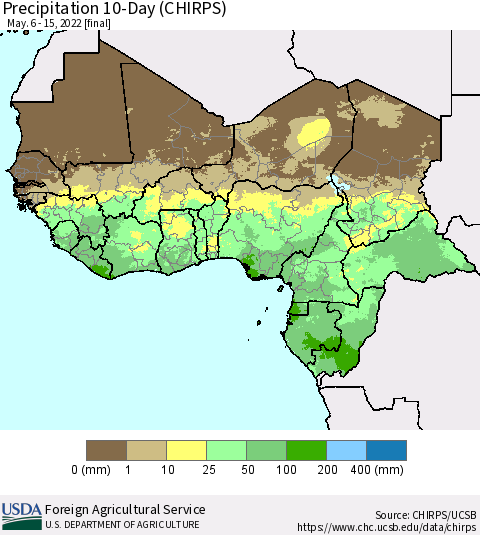 Western Africa Precipitation 10-Day (CHIRPS) Thematic Map For 5/6/2022 - 5/15/2022