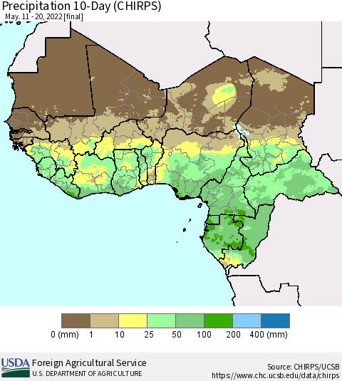 Western Africa Precipitation 10-Day (CHIRPS) Thematic Map For 5/11/2022 - 5/20/2022
