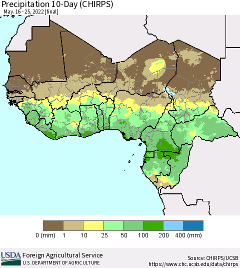 Western Africa Precipitation 10-Day (CHIRPS) Thematic Map For 5/16/2022 - 5/25/2022
