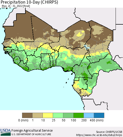 Western Africa Precipitation 10-Day (CHIRPS) Thematic Map For 5/21/2022 - 5/31/2022