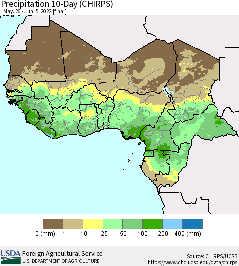 Western Africa Precipitation 10-Day (CHIRPS) Thematic Map For 5/26/2022 - 6/5/2022