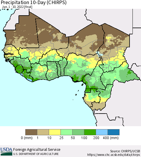 Western Africa Precipitation 10-Day (CHIRPS) Thematic Map For 6/1/2022 - 6/10/2022