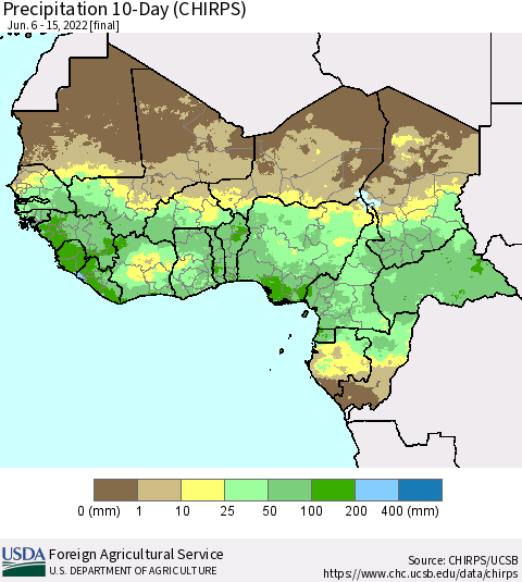 Western Africa Precipitation 10-Day (CHIRPS) Thematic Map For 6/6/2022 - 6/15/2022