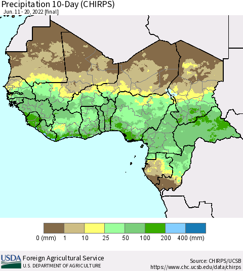 Western Africa Precipitation 10-Day (CHIRPS) Thematic Map For 6/11/2022 - 6/20/2022