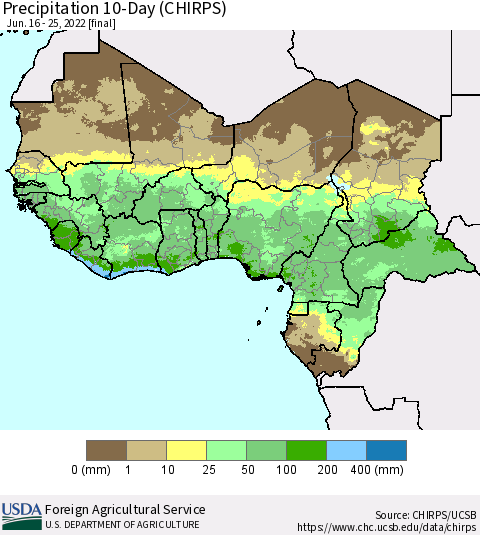 Western Africa Precipitation 10-Day (CHIRPS) Thematic Map For 6/16/2022 - 6/25/2022