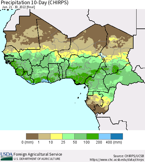 Western Africa Precipitation 10-Day (CHIRPS) Thematic Map For 6/21/2022 - 6/30/2022