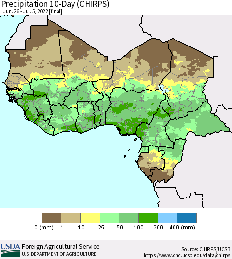 Western Africa Precipitation 10-Day (CHIRPS) Thematic Map For 6/26/2022 - 7/5/2022