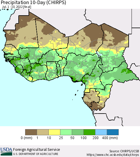 Western Africa Precipitation 10-Day (CHIRPS) Thematic Map For 7/1/2022 - 7/10/2022