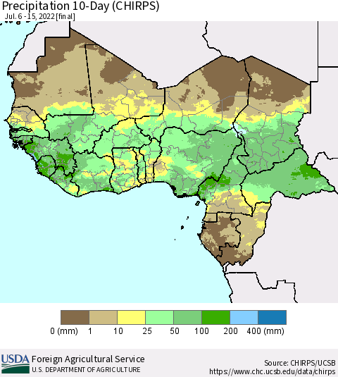 Western Africa Precipitation 10-Day (CHIRPS) Thematic Map For 7/6/2022 - 7/15/2022