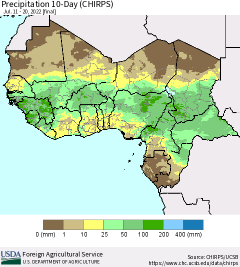Western Africa Precipitation 10-Day (CHIRPS) Thematic Map For 7/11/2022 - 7/20/2022
