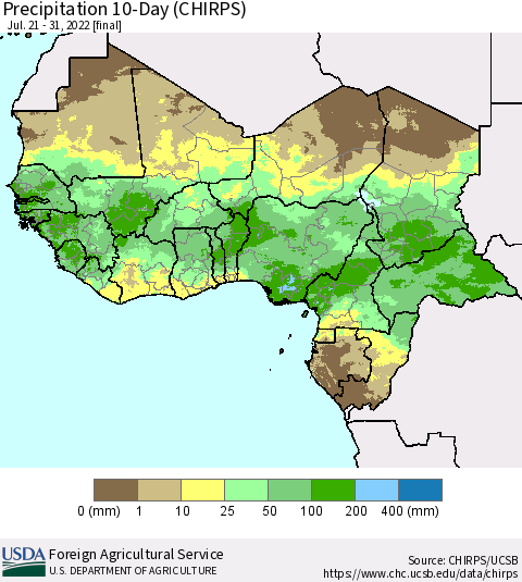 Western Africa Precipitation 10-Day (CHIRPS) Thematic Map For 7/21/2022 - 7/31/2022