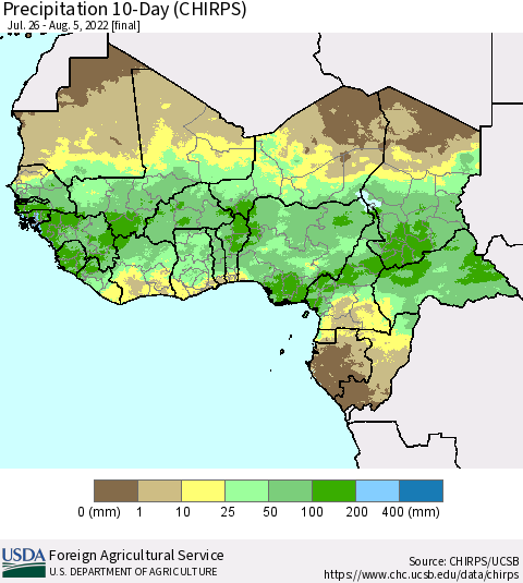 Western Africa Precipitation 10-Day (CHIRPS) Thematic Map For 7/26/2022 - 8/5/2022