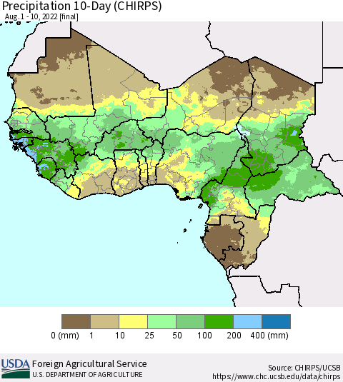Western Africa Precipitation 10-Day (CHIRPS) Thematic Map For 8/1/2022 - 8/10/2022
