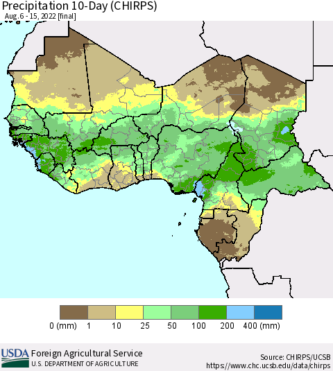 Western Africa Precipitation 10-Day (CHIRPS) Thematic Map For 8/6/2022 - 8/15/2022