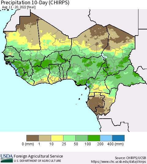 Western Africa Precipitation 10-Day (CHIRPS) Thematic Map For 8/11/2022 - 8/20/2022