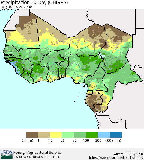 Western Africa Precipitation 10-Day (CHIRPS) Thematic Map For 8/16/2022 - 8/25/2022